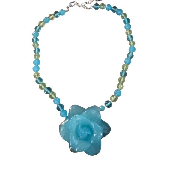 Artisan Beaded Necklace with Carved Blue Flower & Heart Charm - Picture 2 of 4